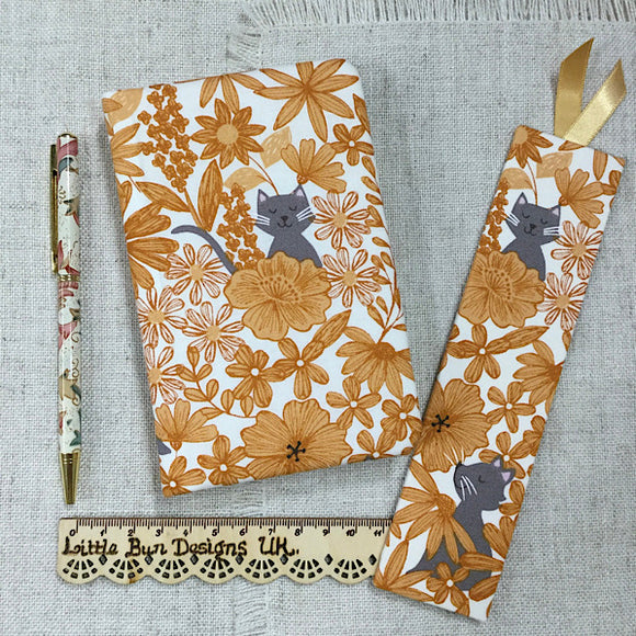 Floral Cats A6 Fabric Notebook / Honey Colour - Little Bun Designs UK